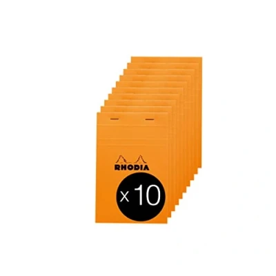 Image of RHODIA 14600C Stapled Notepad N14 Orange 11x17 cm Lined 80 Detachable Sheets 80G White Clairefontaine Paper Coated Card Cover Pack of 10 pads