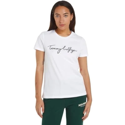 Image of Tommy Hilfiger Women&#039;s Reg C nk Signature Tee Ss Ww0ww41674 S/S Knit Tops, White (Th Optic White), XXS