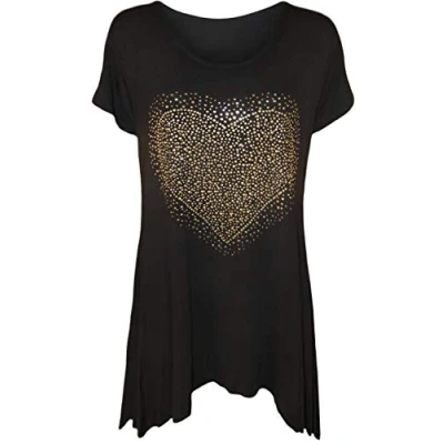 Image of Womens Ladies Plus Size Glitter Rose Print Hanky Hem Short Sleeve Long Top Color Black UK (20)