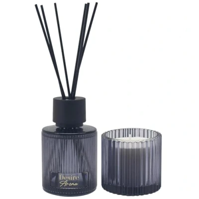 Image of Lesser &amp; Pavey Desire Rib Glass Candle and Diffuser Matching Set Oud, Sandlewood or Pomegranate Scents Gift Ideas for Her (Sandlewood)