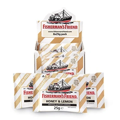 Image of Fisherman&#039;s Friend Honey &amp; Lemon Sugar Free Extra Strong Menthol Lozenges, Pack of 8 (25 g)