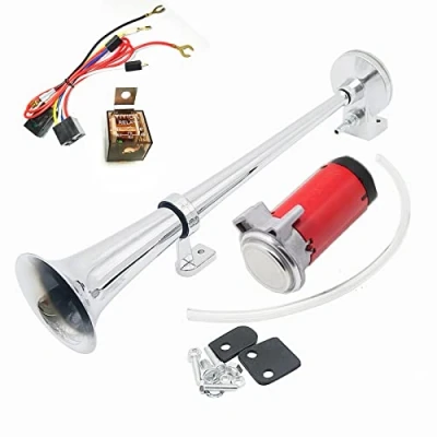 Image of DHUILE DH802 car horn 12V 150db air Compressor speaker Super Loud pump 430mm Chrome Zinc Single Trumpet electric with for Any Vehicles Lorrys Trucks Trains Boats Cars