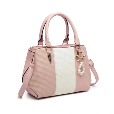 Image of Miss Lulu Handbags for Women, Tri Colour Block Top Handle Bag, Shoulder Pink