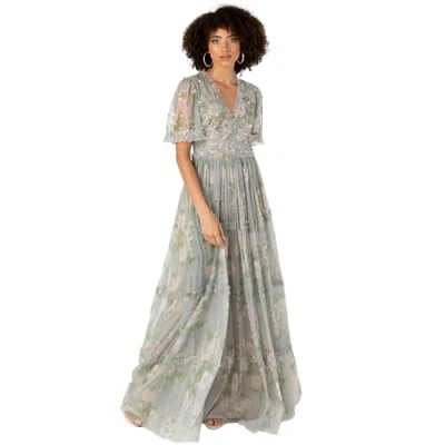 Image of Anaya with Love Women&#039;s Maxi Dress Ladies V Neck Short Angel Sleeves Tiered Ruffle for Bridesmaid Wedding Guest Occasion Prom Ball Gown, Floral Sage Green, 16