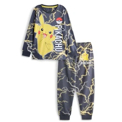 Image of Pokemon Pikachu Boys Pyjama Set Kids Character Graphic Long Sleeve Top &amp; Leg PJ Bottoms in Black Childrens Pokeball Lightning Print Nightwear TV Series Game Merchandise Gift