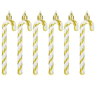 Image of 6 PCS 13cm Glitter Candy Cane Christmas Tree Decorations, Ornaments, Twisted Plastic Hanging Gold + White