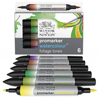Image of Winsor &amp; Newton 0290169 Watercolour Foliage Tones Marker Set, Cadmium Yellow Hue/Sap Green/Hooker&#039;s Green/Raw Umber/Burnt Red/Dioxazine Violet