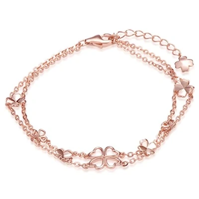 Image of Infinite U Lucky Four Leaf Clovers Womens Link Charm Bracelet 925 Sterling Silver Double Strands Chains with Extension, Rose Gold