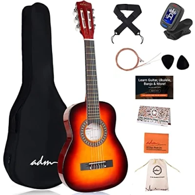 Image of ADM 1/4 Kids Classical Guitar Kit, Junior Set for Beginnner with Gig Bag, Clip on Tuner, Strap, Picks, Extra Strings, Storage Bag and Cleaning Cloth (Glossy Sunburst, 30&quot;)
