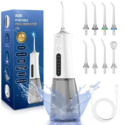 Image of AUIEI Water Flosser for Teeth Cordless Oral Irrigator Portable Dental Cleaner Picks 300ML 5 Modes, USB Rechargeable &amp; IPX7 Waterproof Plaque Removal Tool Travel Home Use(White)