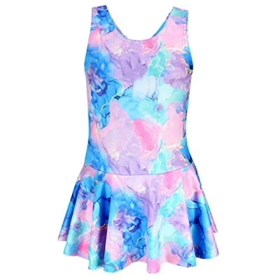 Image of Aquarti Girls&#039; One Piece Swimsuit with Open Back Print, 029B Skirt/Tie Dye/Blue/Purple/Pink, 140