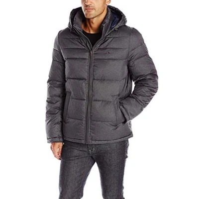 Image of Tommy Hilfiger Men&#039;s Classic Hooded Puffer Jacket Down Alternative Outerwear Coat, Heather Charcoal, S