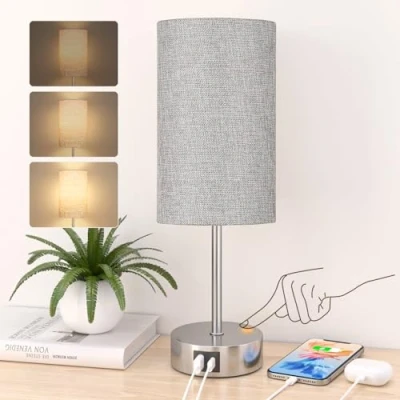 Image of STANBOW Bedside Lamps, Touch Lamps with USB A+C Charging Ports, 3 Way Dimmable LED, Table for Living Room Bedroom Gift Gray Shade Silver Base (LED Bulb Included)