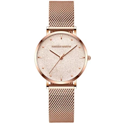 Image of RORIOS Women Watch Shining Starry Dial with Stainless Steel Strap Ladies Dress Wristwatch Waterproof Fashion Watches for Girls