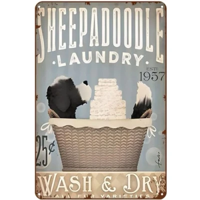 Image of Sheepadoodle Dog Home Kitchen Metal Sign Retro Vintage Tin Poster Wall Art Decor 8x12 Inches