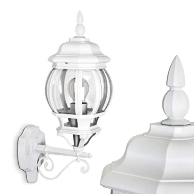 Image of outdoor wall lamp Lentua, upwards in antique look, cast aluminium white w. plastic discs, light with E27 socket, for terrace, veranda and courtyard, without bulb