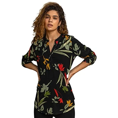Image of Roman Originals Shirt for Women UK Ladies Top Collarless Blouse Stretchy Tunic Smart Casual Autumn Winter Jersey 3/4 Length Sleeve Notch V Neck Flattering Office Work Black Green Size 20