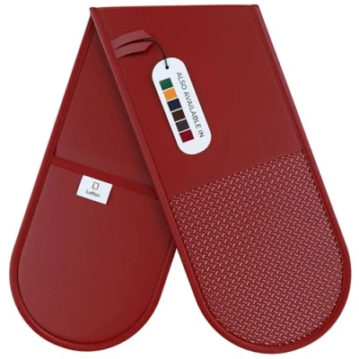 Image of Double Oven Gloves Heat Resistant by Laffair® Maroon Non Slip Silicon Modern Mitt &amp; Potholder for Home Cooking Maximum Protection