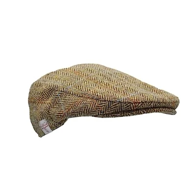 Image of WALKER AND HAWKES Men&#039;s Grey Brown 100% Scottish Harris Tweed Oakmoor Flat Cap White Sand X Large (60cm)