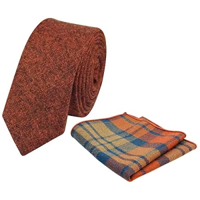 Image of DB Dickie Bow Men&#039;s Luxury Wool Skinny Neck Tie &amp; Pocket Square Set (Rust Burnt Orange and Blue Plaid) suitable for formalwear, office, weddings, parties, grooms groomsmen outfits