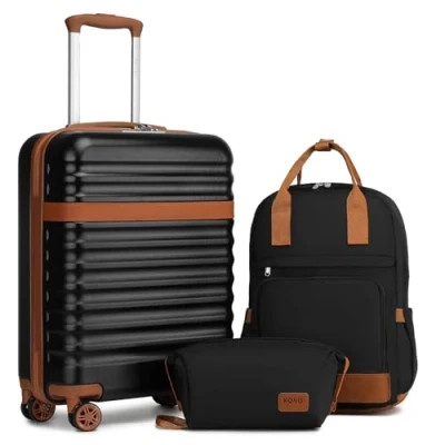 Image of Kono Suitcase Carry On Hand Luggage ABS+PC Hardshell Travel Trolley with TSA Lock and 4 Spinner Wheels (Black/Brown, 20 Inch Set)