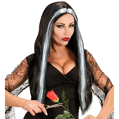 Image of Morticia Blk/White Wig for Hair Accessory Fancy Dress
