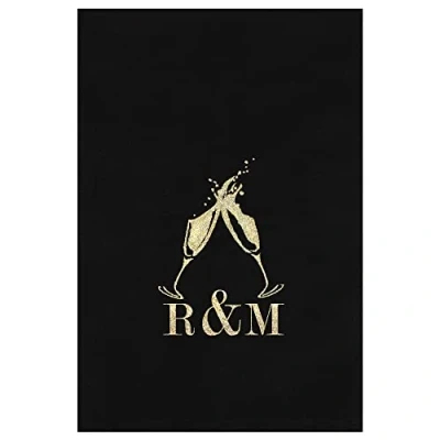 Image of Teddyts Personalised Initials Black Embroidered Glitter Champagne Cotton Tea Towel, 70CM x 50CM (Approx)