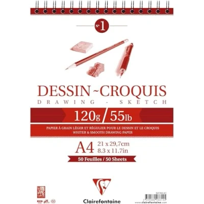 Image of Clairefontaine Ref 96614C Wirebound White Drawing Sketch Pad (50 Sheets) A4 Sized, 120gsm Paper, &amp; Smooth Acid Free, pH Neutral