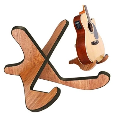 Image of Eidoct Guitar Stand Wood Thickened Universal, Wooden X Frame Sturdy Instrument with Soft Leather Edges for Acoustic Classical Bass Guitars