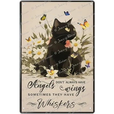 Image of Angels Don&#039;t Always Have Wings Sometimes They Whiskers Vintage Floral Black Cat Tin Sign Memorial Gifts 15x20 cm