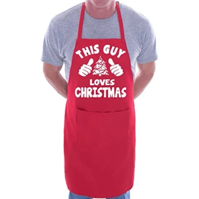 Image of This Guy Loves Christmas Santa BBQ Cooking Funny Novelty Apron Red