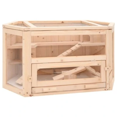 Image of &#039;vidaXL Hamster Cage Solid Wood Fir, Clear Acrylic Screen, Pull out Tray for Easy Cleaning, Wire Mesh Top, Spacious Design with 2 Rooms and Seesaw