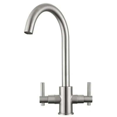 Image of Peppermint Kitchen Sink Taps Mixers Traditional Dual Lever Monobloc Brushed Steel Mixer 1 Hole Twin Tap Nickle