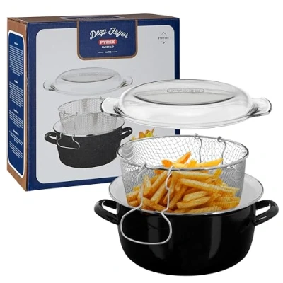 Image of Premier Housewares 102102 5L Deep Fat Fryer Enamel Chip Pan Glass Lid Frying Black Fryers Basket Small 16x33x27