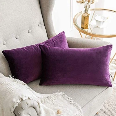 Image of MIULEE Velvet Soft Soild Microfiber Decorative Square Pillow Case Throw Cushion Cover for Sofa Bedroom with Invisible Zipper Aubergine 12&quot;x20&quot;,2 Pieces