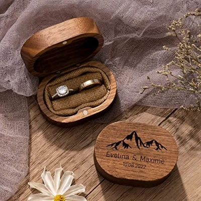 Image of Esseur Custom Wooden Oval Wedding Ring Box, Double Engagement Walnut Storage Birthday Gifts For Women