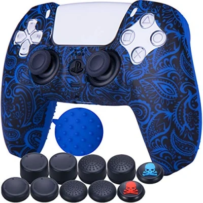 Image of 9CDeer 1 Piece of Silicone Transfer Print Protective Cover Skin + 10 Thumb Grips for Playstation 5 / PS5 Controller Foliage Blue