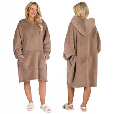 Image of Sienna Hoodie Blanket Ultra Soft Sherpa Fleece Warm Comfy Cosy Oversized Wearable Giant Sweatshirt Throw for Women Girls Adults Men Boys Kids Big Pocket Mink Brown