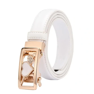Image of Women Belt Ratchet Leather Slide Belts for Jeans with Heart Automatic Buckle White