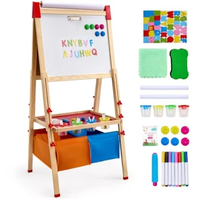 Image of VEVOR Art Easel for Kids, 3 in 1 Wooden Double Sided Kid&#039;s with Magnetic Whiteboard, Chalkboard, Paper Roll, Adjustable Standing Drawing Board Painting Accessories, Storage Boy Girl