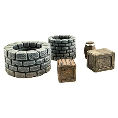 Image of War World Gaming Fantasy Village Set of Wells, Crates &amp; Barrels 28mm Resin Unpainted Wargaming Terrain