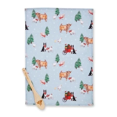 Image of Cooksmart British Designed Christmas Tea Towel &amp; Spoon Set Towels For The Festive Season With All Types Of Kitchens On Farm