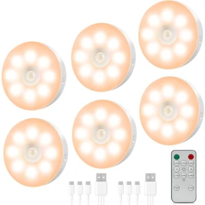 Image of 6 Pack Motion Sensor Lights Indoor,1000mAh USB Charging Puck Lights,Under Cabinet Kitchen Lights,Remote Control,Magnetic Battery Operated Stick on Sensory light for Stair Cupboard Wardrobe Closet