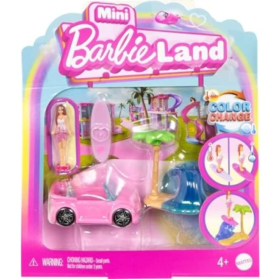 Image of Barbie Mini BarbieLand Doll &amp; Toy Vehicle Set, 1.5 inch Beach Convertible with Color Change, Plus Accessory, JCR35