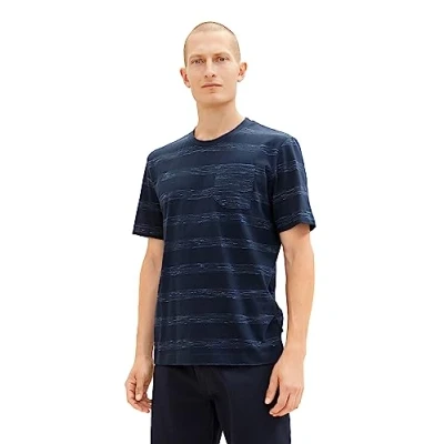 Image of TOM TAILOR Men&#039;s 1037832 Spacedye Striped T Shirt, 32438 Navy Soft, M