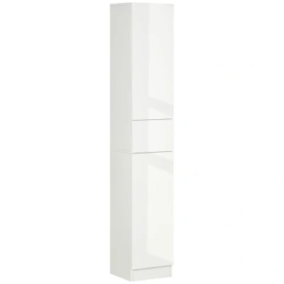 Image of kleankin Tall Bathroom Cabinet with Adjustable Shelves, High Gloss Storage Cupboard, Freestanding Tallboy Drawer, White