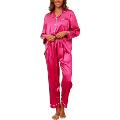 Image of Reliwel Women&#039;s Pyjama Sets Silk Pyjamas for Women Long Sleeve Button up Pjs two Piece Comfy Sleepwear Loungewear Bridesmaid Nightwear All Seasons S Xxl