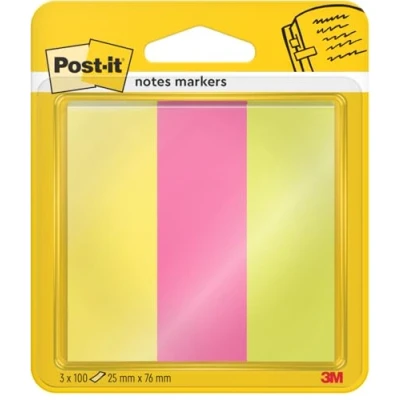 Image of Post it Note Markers 100 each of Neon Yellow, Pink and Lime Green, Pack 3 Pads, 25 mm x 76 To Mark, Highlight or Color Code Important Information