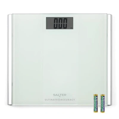 Image of Salter 9009 WH3R Premium Ultimate Accuracy Electronic Scale, 180 Kg Maximum Capacity, Measures 50 g Increments, Step On for Readings, Carpet Feet, Weighing Scales, White,