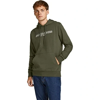 Image of JACK &amp; JONES Men&#039;s Hooded Sweatshirt Pullover Logo Printed Sweat Hoodie Forest NightS